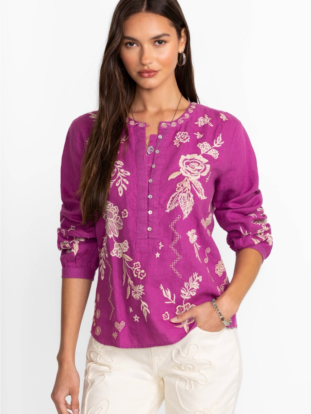 NWT Johnny Was Field Henley Embroidered Blouse Top in Linen, Magenta